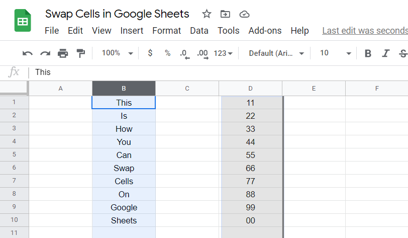 swap cells in google sheets step b