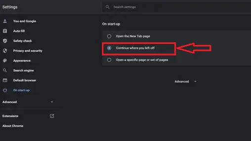 how to fix chrome continue where you left off