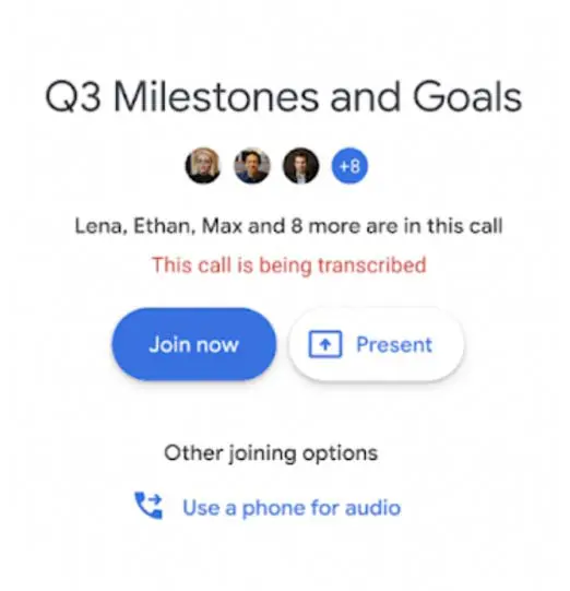 google meet auto transcription alert