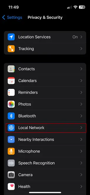 local network option in iphone settings