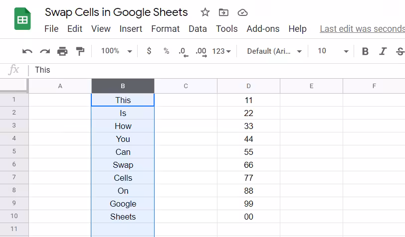 Swap Cells in Google Sheets Step A