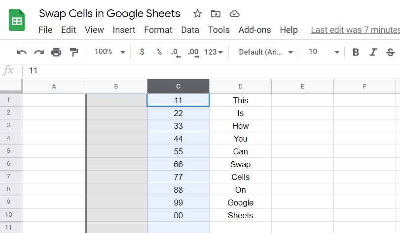 swap cells in google sheets step c