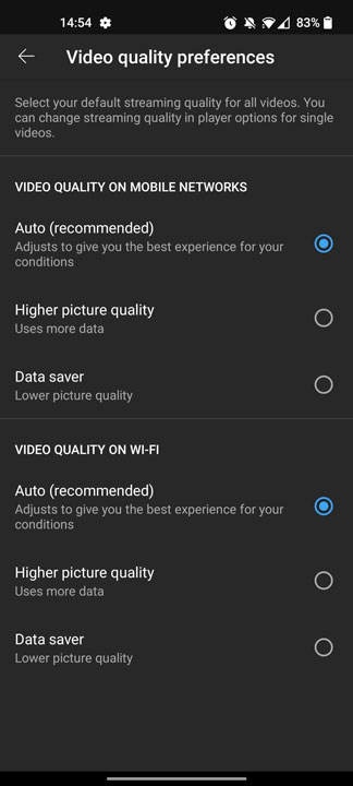 Youtube Video quality preference