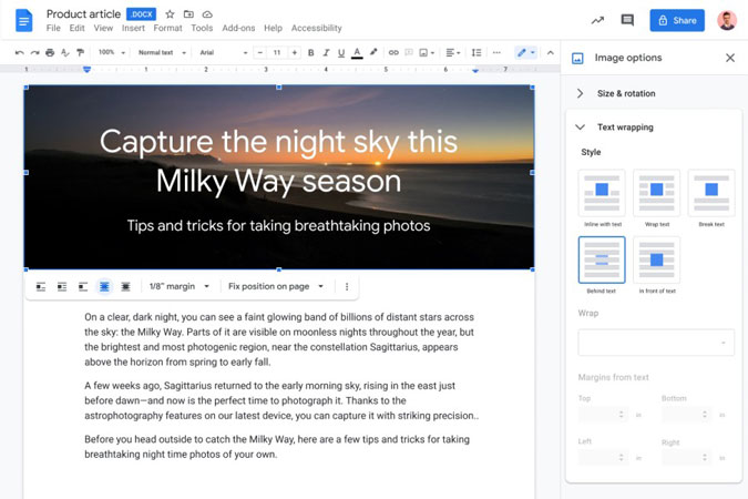 Wrap Images Above or Behind Text in Google Docs