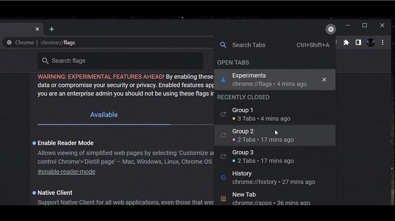 search recently closed tab groups in chrome