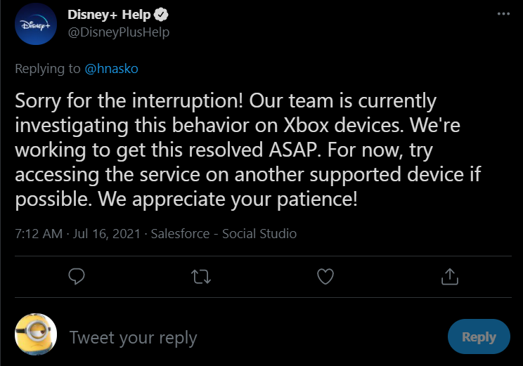 disney+ help acknowledgement tweet