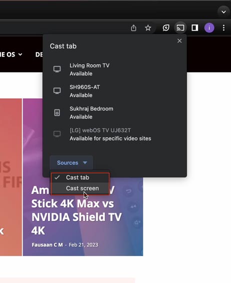 cast screen option in chrome