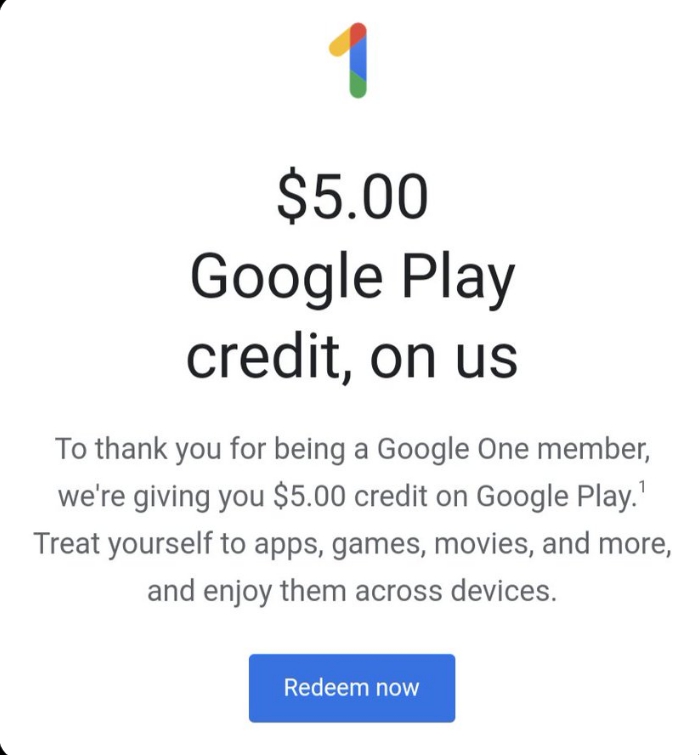 Google Play store credit for Google One members