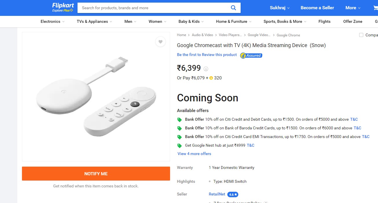 google chromecast with tv 4k flipkart listing