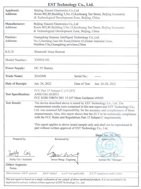 xiaomi voice remote with model number xmrm-ml appears on fcc