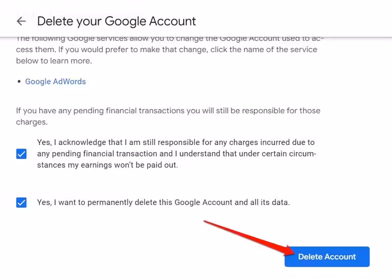 delete google account confirmation