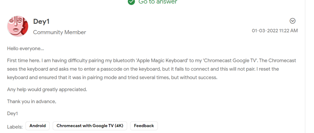 google support confirms apple magic keyboard and logitech k380 don't support chromecast with google tv