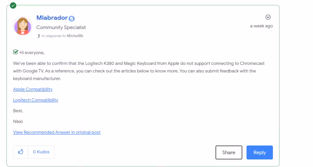 Google Support confirms Apple Magic Keyboard and Logitech K380 don't support Chromecast with Google TV