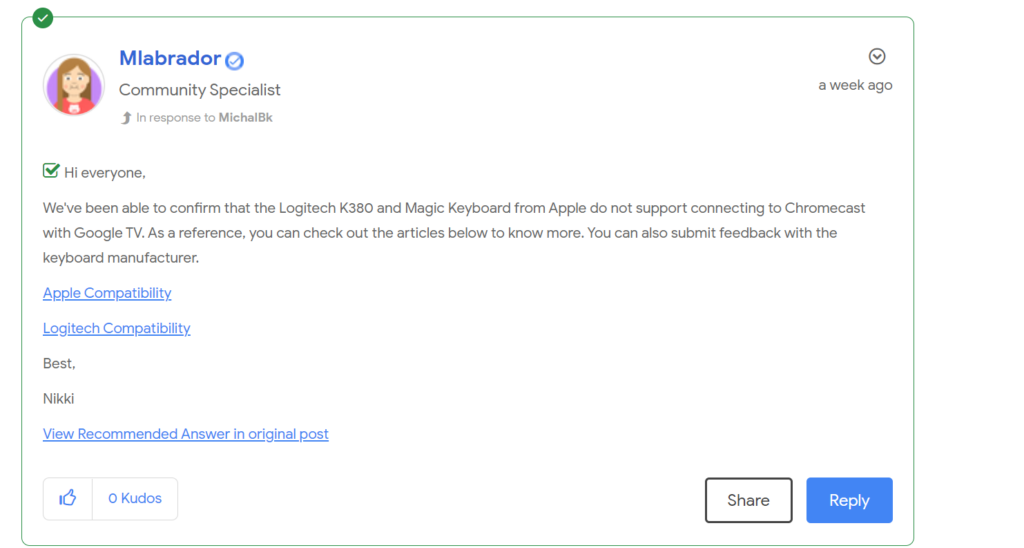 google support confirms apple magic keyboard and logitech k380 don't support chromecast with google tv