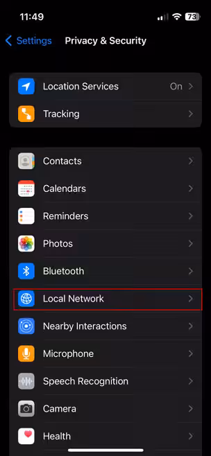 local network option in iphone settings