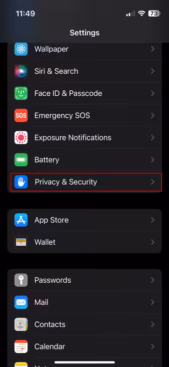Privacy option in iphone settings