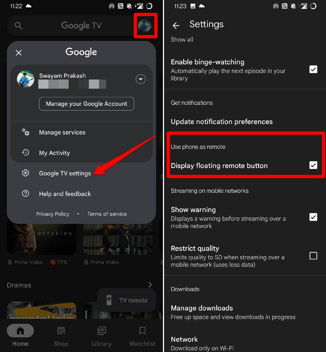 enable floating remote on Google TV