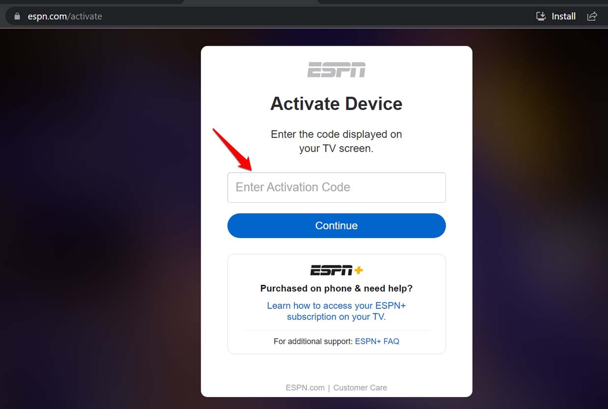 enter activation code in ESPN