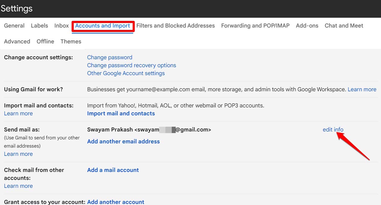 edit account info in Gmail
