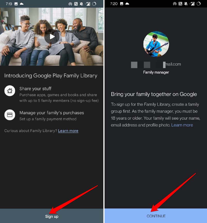 continue signing up to google play family library