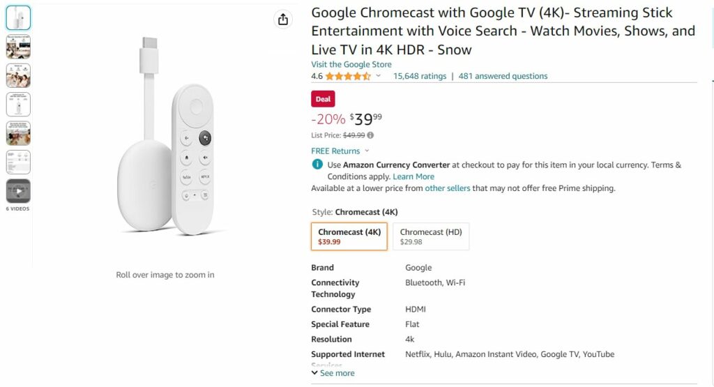 deal chromecast 4k amazon prime day