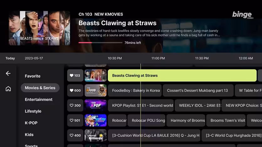 binge Korea streaming service live channels