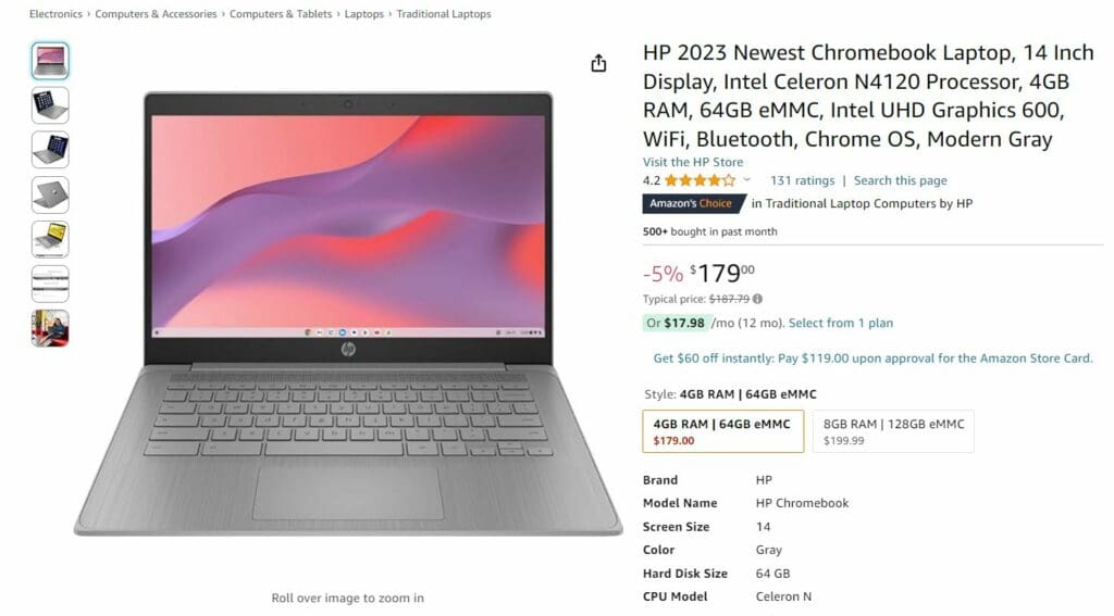 hp 2023 chromebook with 14" display on sale for $179